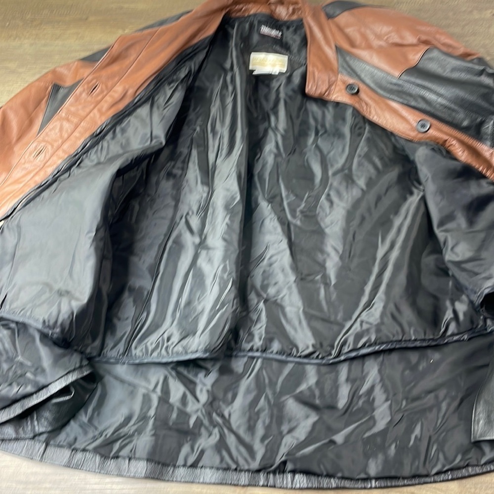 Vintage ROAMAN'S 80s PATCHWORK Brown Black Leather Jacket A line, size Medium - Picture 4 of 12